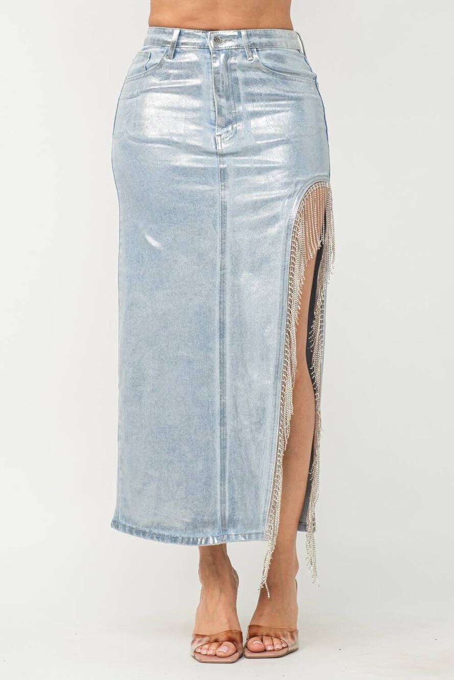 Demi Luxe Denim Metallic Foil Side Slit Rhinestone Fringe Maxi Skirt